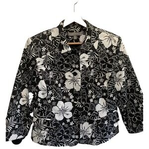 Croft & Barrow Blazer Womens 14 Black White Tropical Floral Hibiscus Stretch